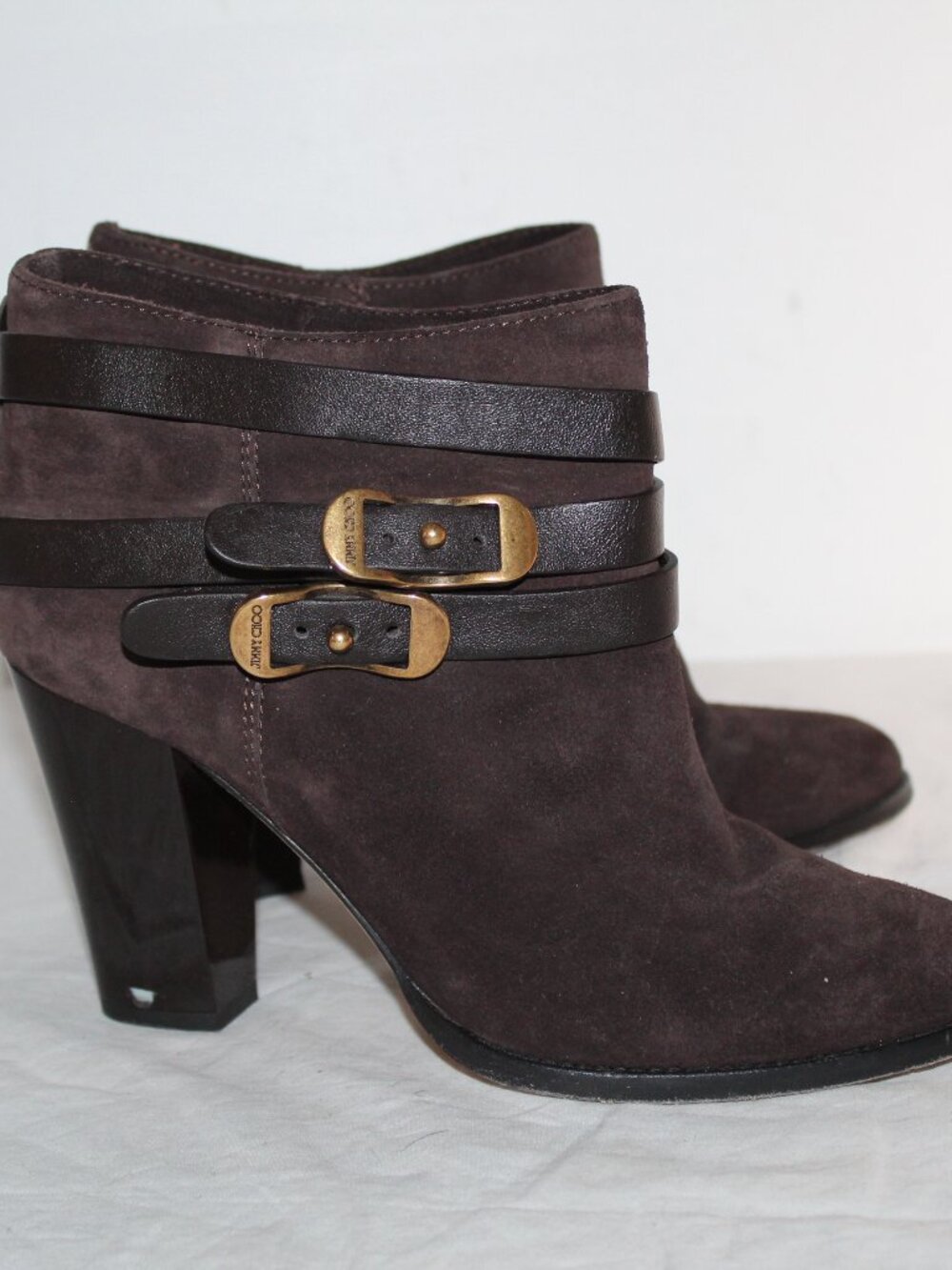 Jimmy Choo Brown Suede Leather Double Buckle Heeled Boots Booties 40